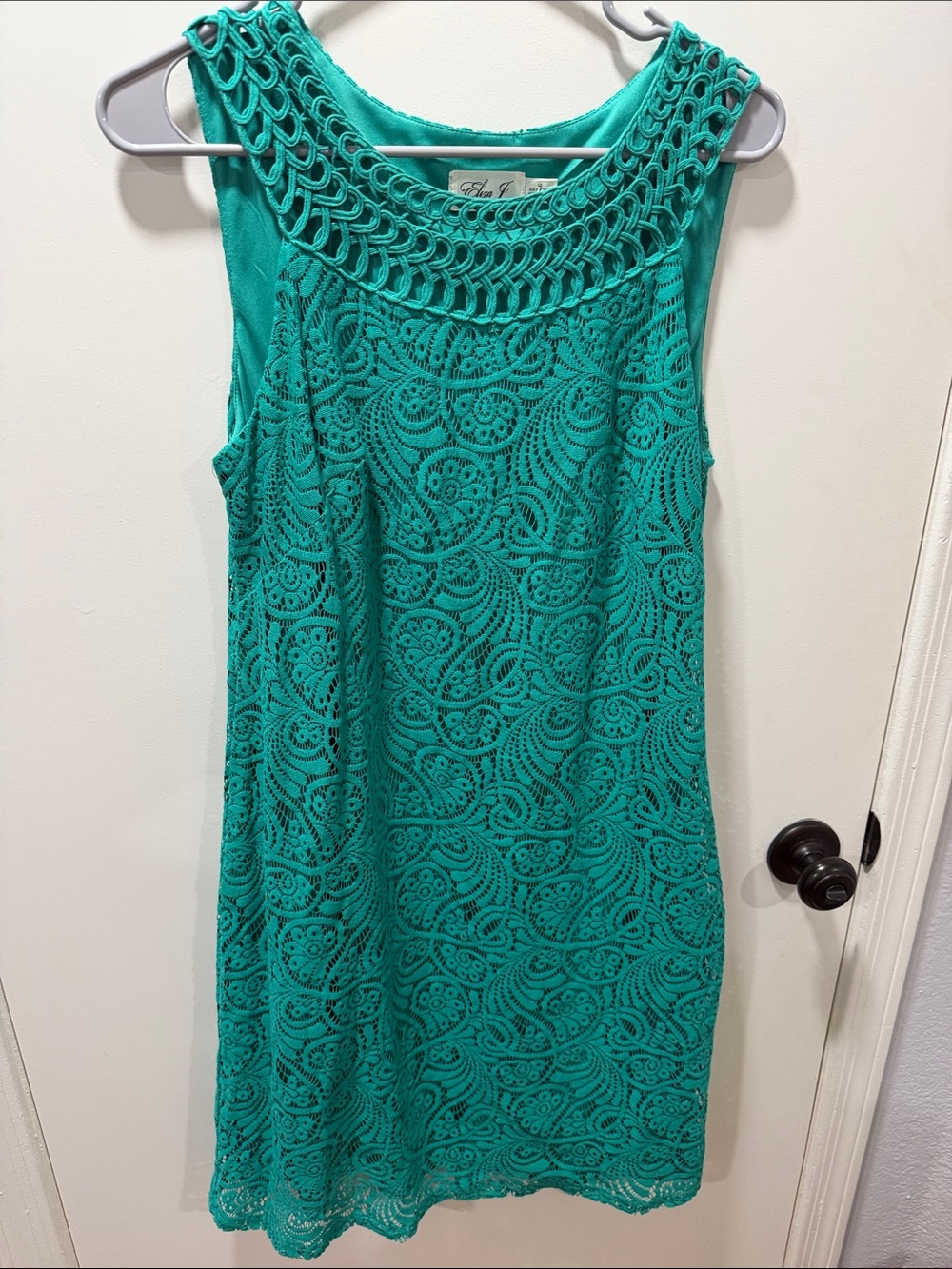 Eliza J Teal Lace Sleeveless Shift Dress with Crochet Yoke